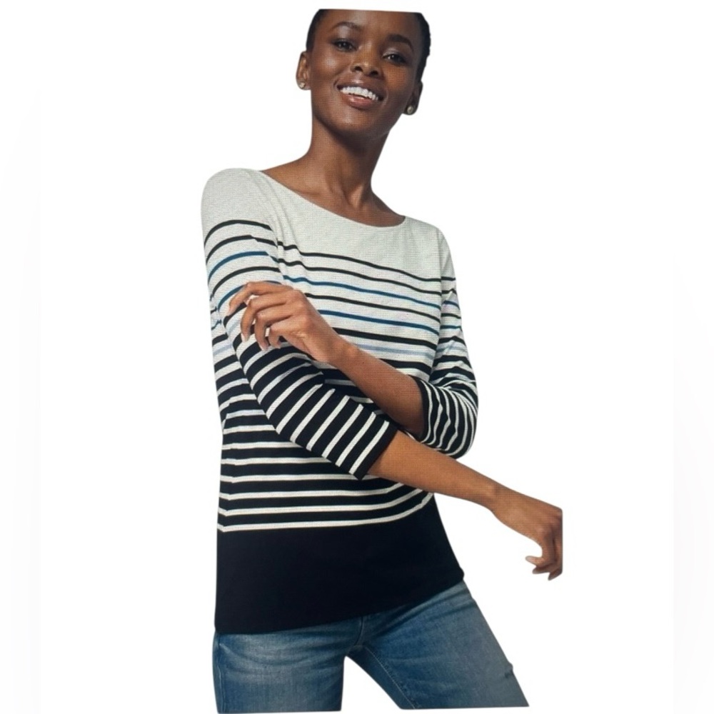 NWT WHITE HOUSE BLACK MARKET Transition Black Blue Stripe 3/4 Sleeve Tee Shirt